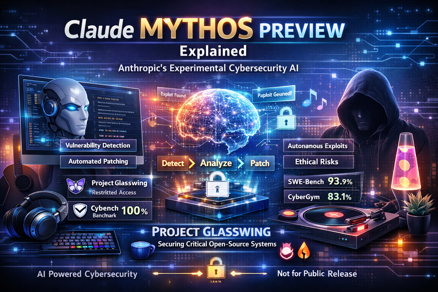Claude Mythos Preview AI cybersecurity concept with secure enterprise systems and threat analysis dashboard