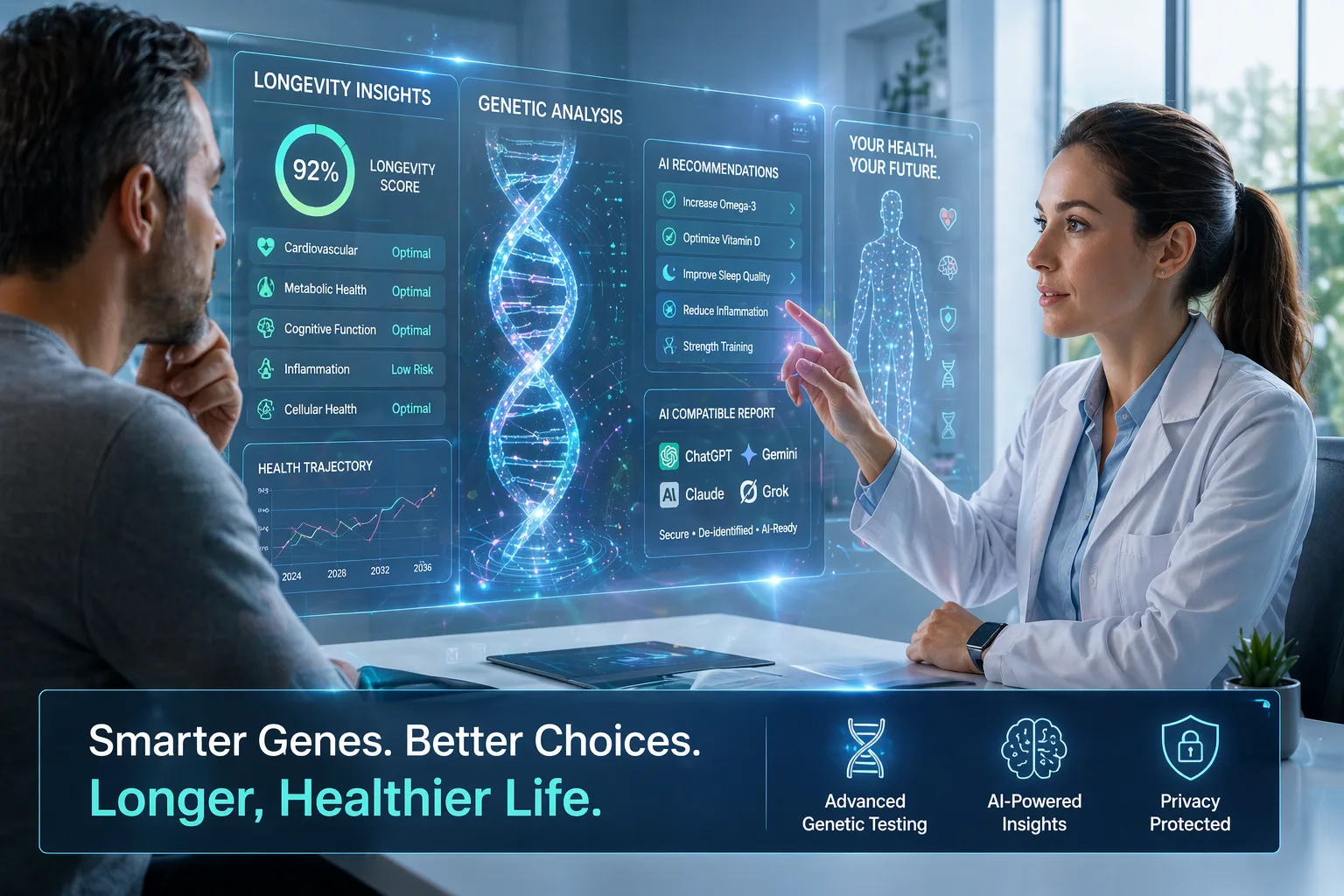 AI ready genetic report and longevity health concept illustration