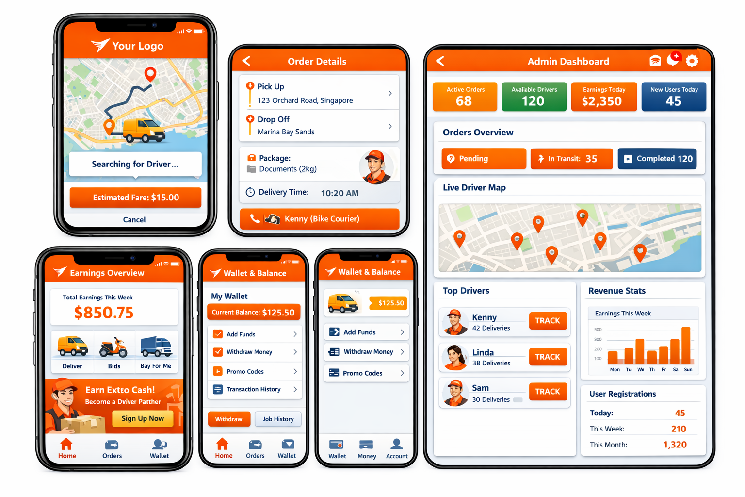 White label Lalamove app clone showing delivery booking, tracking, and driver interface