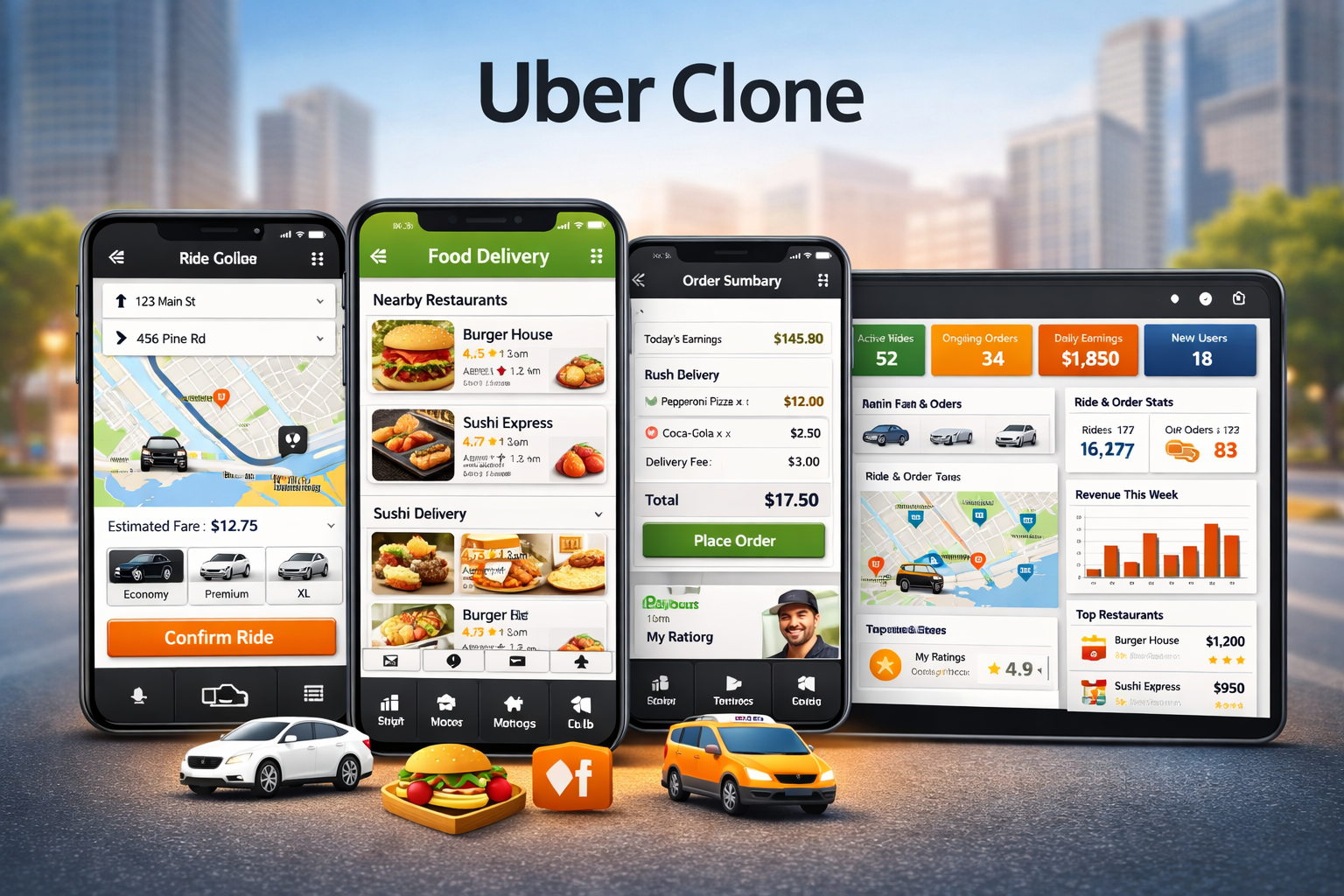 Uber Clone app development by Inno Panda showing ride hailing and food delivery platform