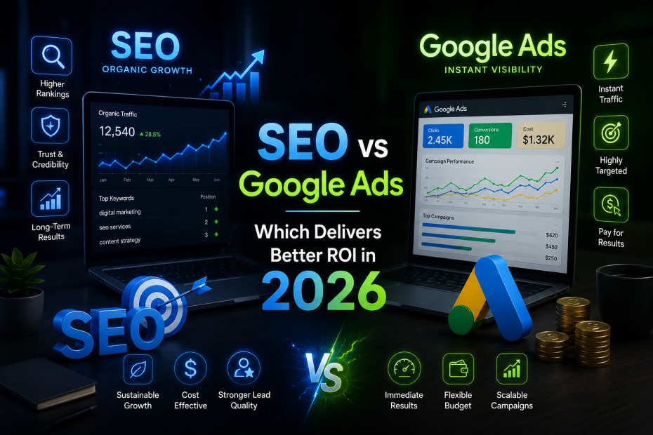Modern digital marketing comparison banner showing SEO vs Google Ads with analytics dashboards, organic traffic growth, paid advertising performance, and ROI strategies for 2026.