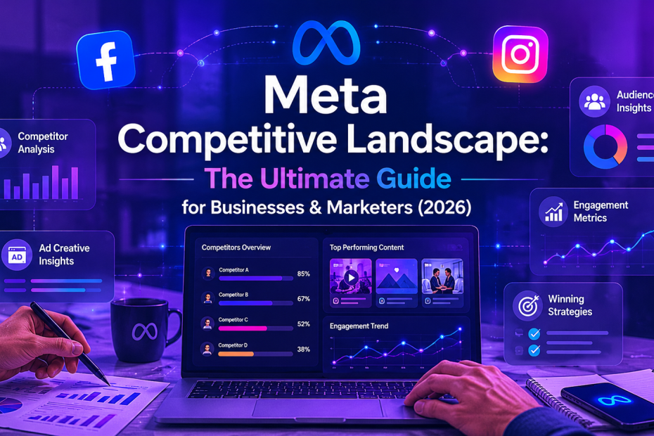 Meta competitive landscape analysis dashboard showing Facebook and Instagram competitor research, ad strategy insights, engagement metrics, and marketing analytics by Inno Panda.