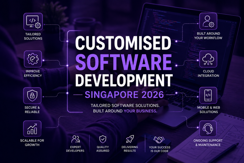 Customised software development Singapore banner showing tailored business software solutions, dashboard UI, mobile applications, cloud integration
