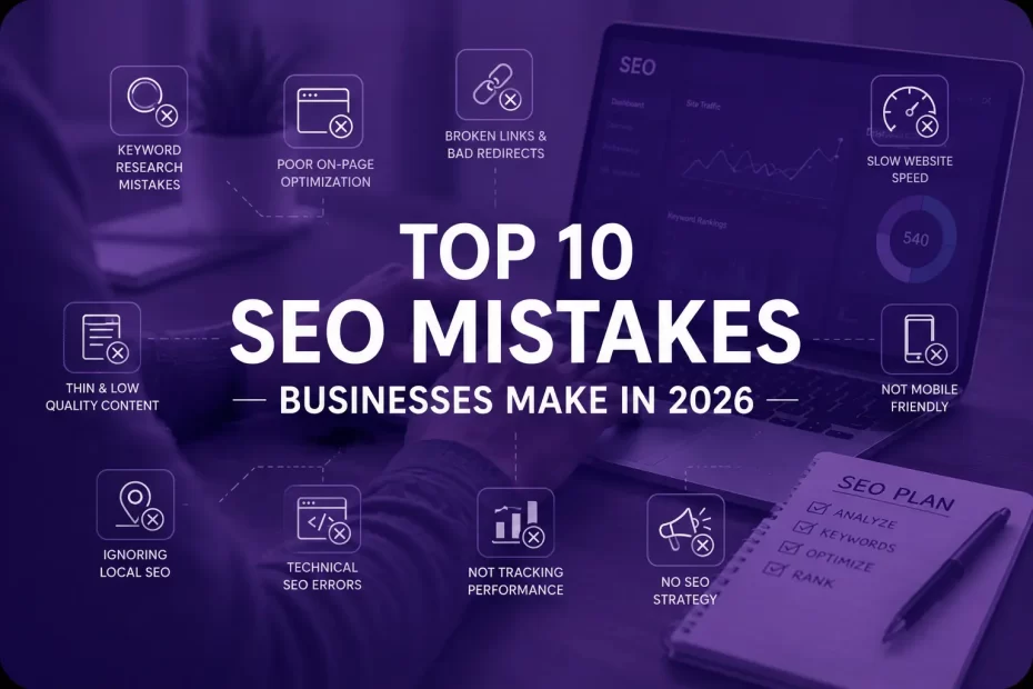 Top 10 SEO mistakes businesses make in 2026 including technical SEO, local SEO, keyword optimization, and Google ranking issues