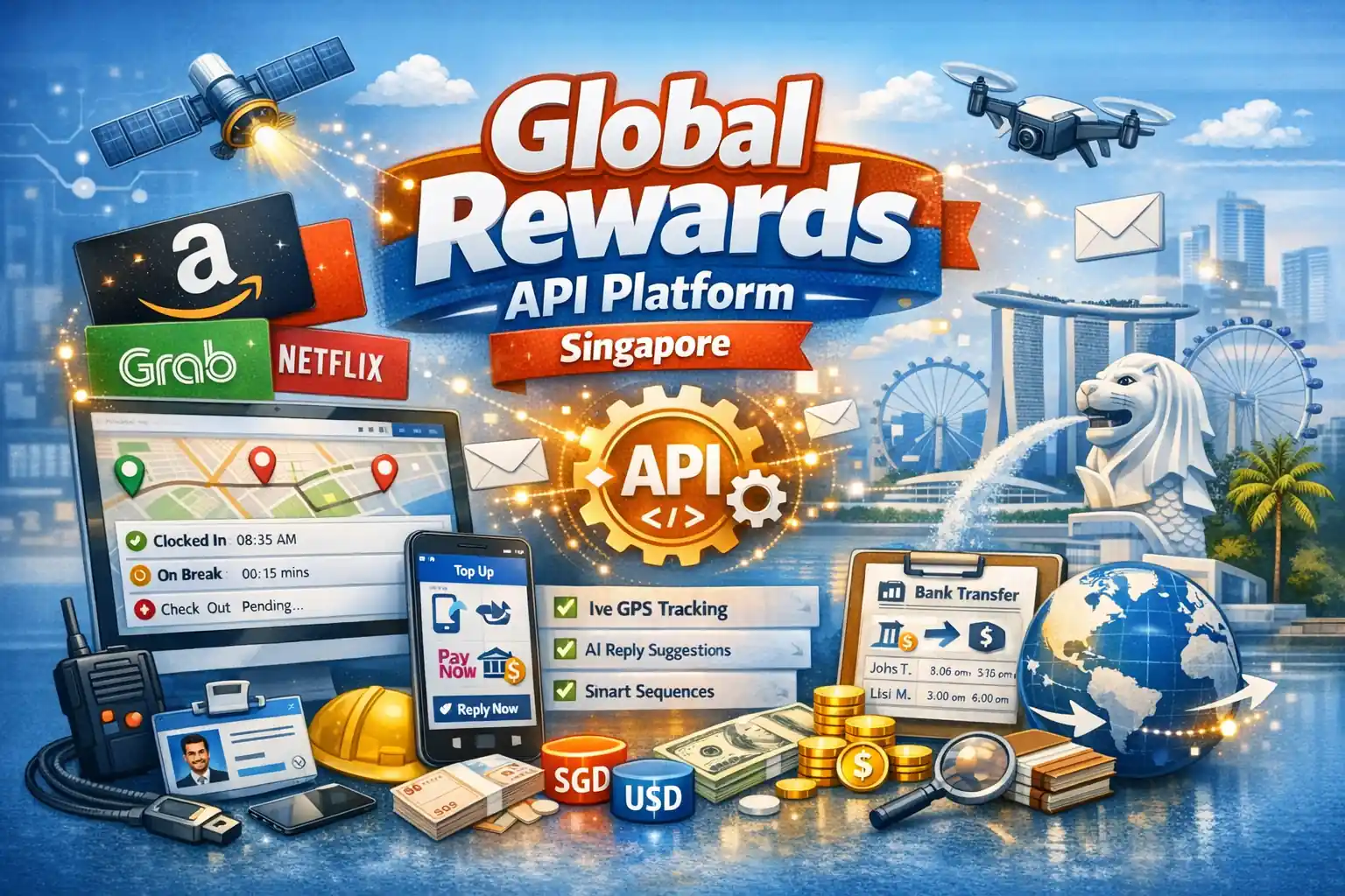 Global rewards API platform dashboard showing gift cards, airtime top ups and payout tracking