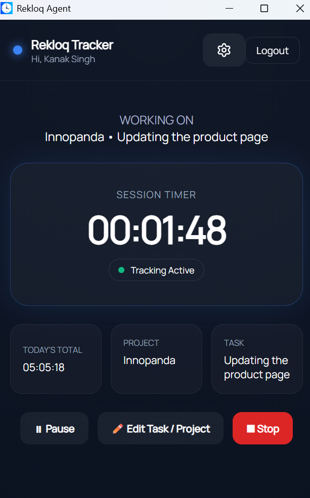 ReKloq desktop tracker agent showing a live session timer, today's total hours, current project and task, with pause, edit and stop controls