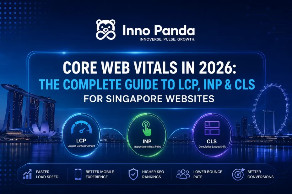 Core Web Vitals 2026 featured image showing LCP, INP, and CLS metrics for Singapore websites with the Inno Panda logo, Singapore skyline, and website performance optimization dashboard.