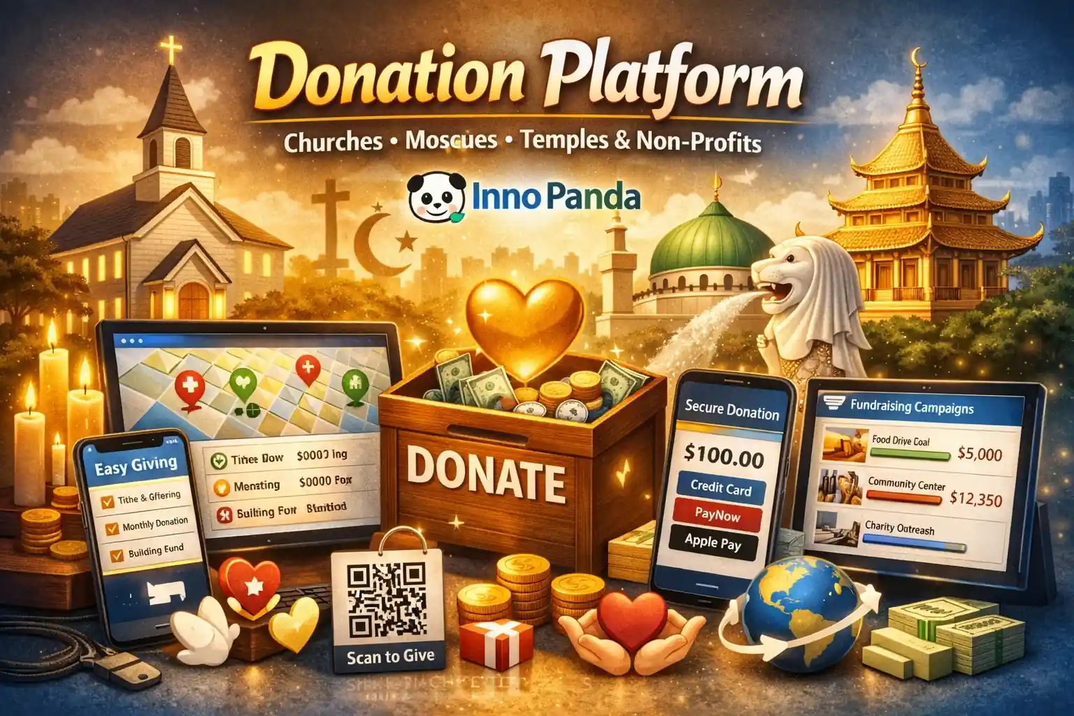 Inno Panda donation platform dashboard showing online giving, campaign tracking, QR code donations and donor reports for churches, mosques and temples