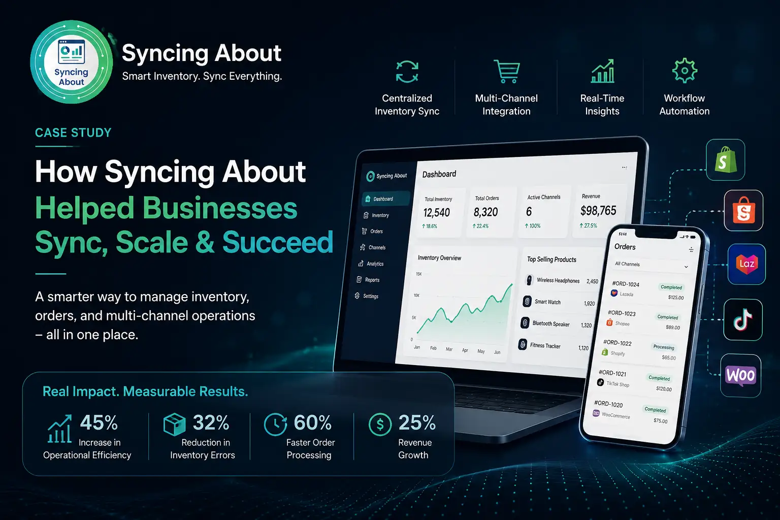 Syncing About case study showcasing inventory management software, multi-channel order synchronization, real-time inventory tracking, and business growth through automation