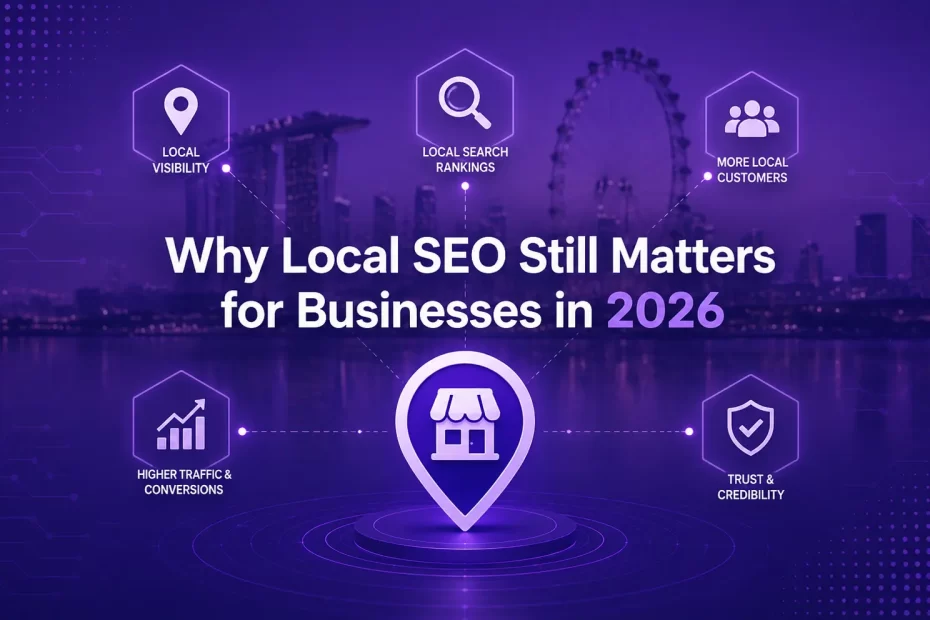 Illustration showing why Local SEO still matters for businesses in 2026, featuring local search rankings, Google Maps visibility, customer growth, and business credibility