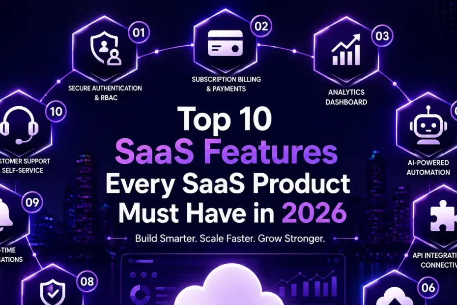 Infographic showcasing the top 10 SaaS features every SaaS product must have in 2026, including AI automation, analytics, API integrations, security, cloud infrastructure, and subscription billing